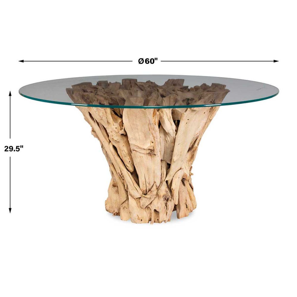 Dining Table Bleached Teak Wood 60" round with glass top (1 in stock)