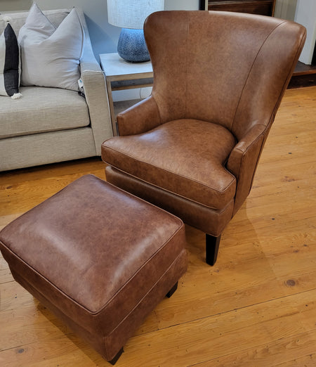 Darwyn Leather Wing Chair with Ottoman Bespoke Marrone (1 set in stock)