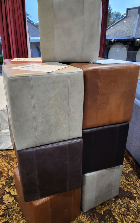 Guy Top Grain Leather Cube Ottoman, assorted colors in stock, 3 available