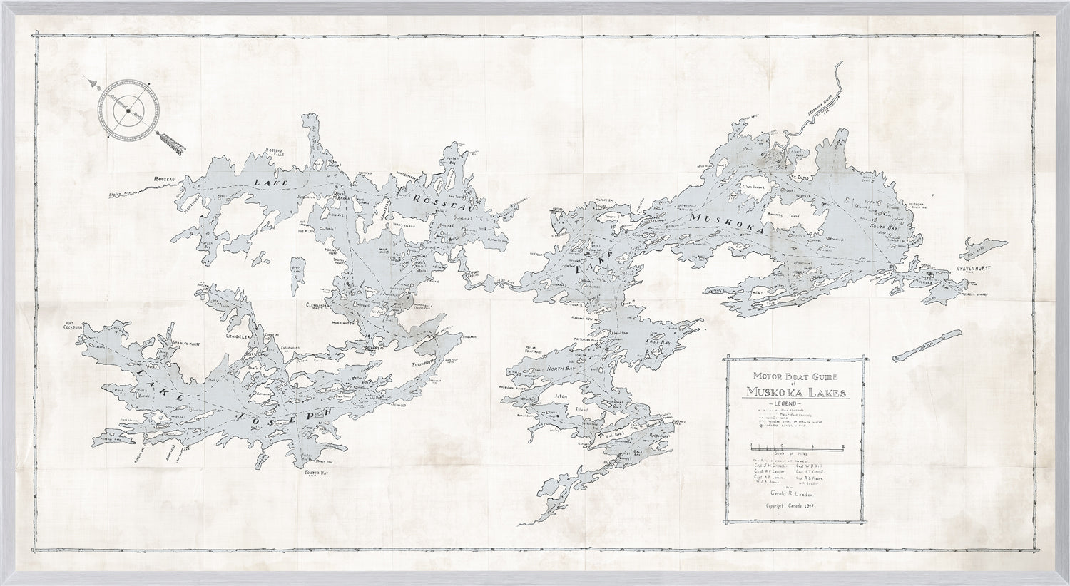 Map Motorboat Guide of Muskoka Lakes Framed with Glass Natural 56 x30 (3 in stock)