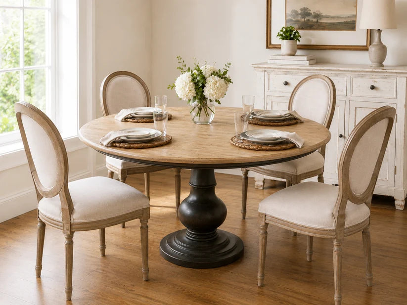 Dining Table 60" Round Natural Mango Top with Black Pedestal Base (1 in stock)