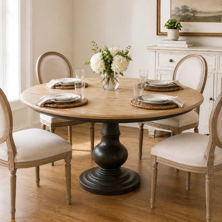 Dining Table 60" Round Natural Mango Top with Black Pedestal Base (1 in stock)