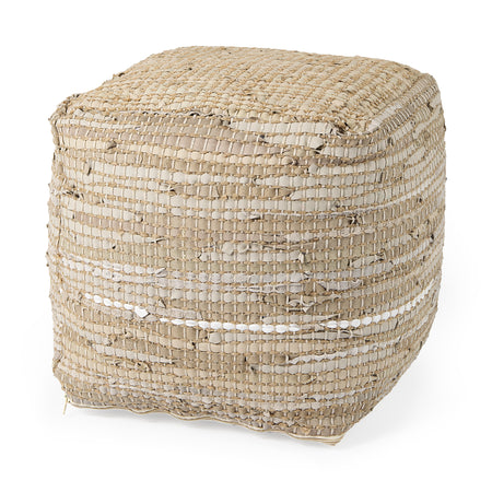 Aalia Beige Leather Pouf 16"