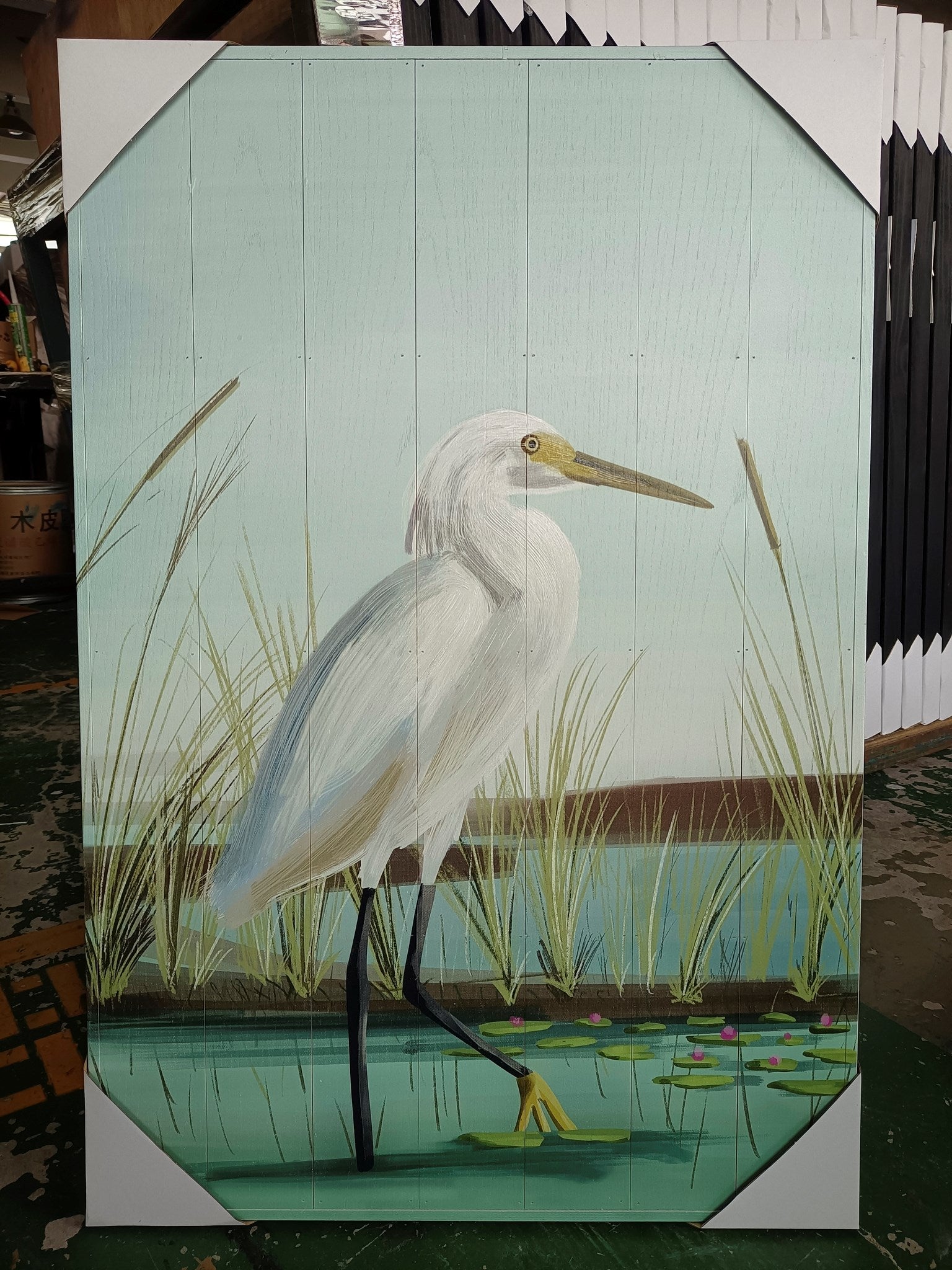 Blue Heron and Lake On Painted Wood (1 in stock)