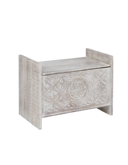 Wooden Carved Trunk Box Bench Distressed White (qty of 1 in stock)