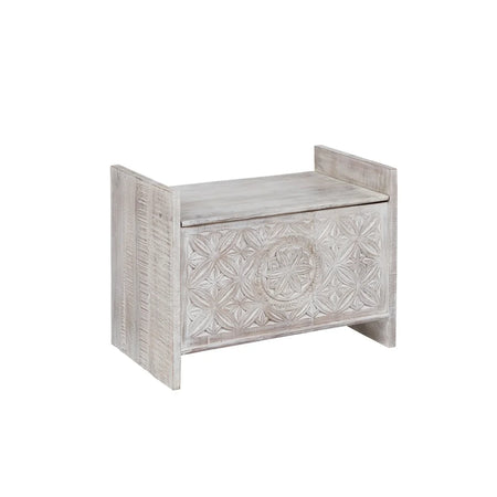 Wooden Carved Trunk Box Bench Distressed White (qty of 1 in stock)