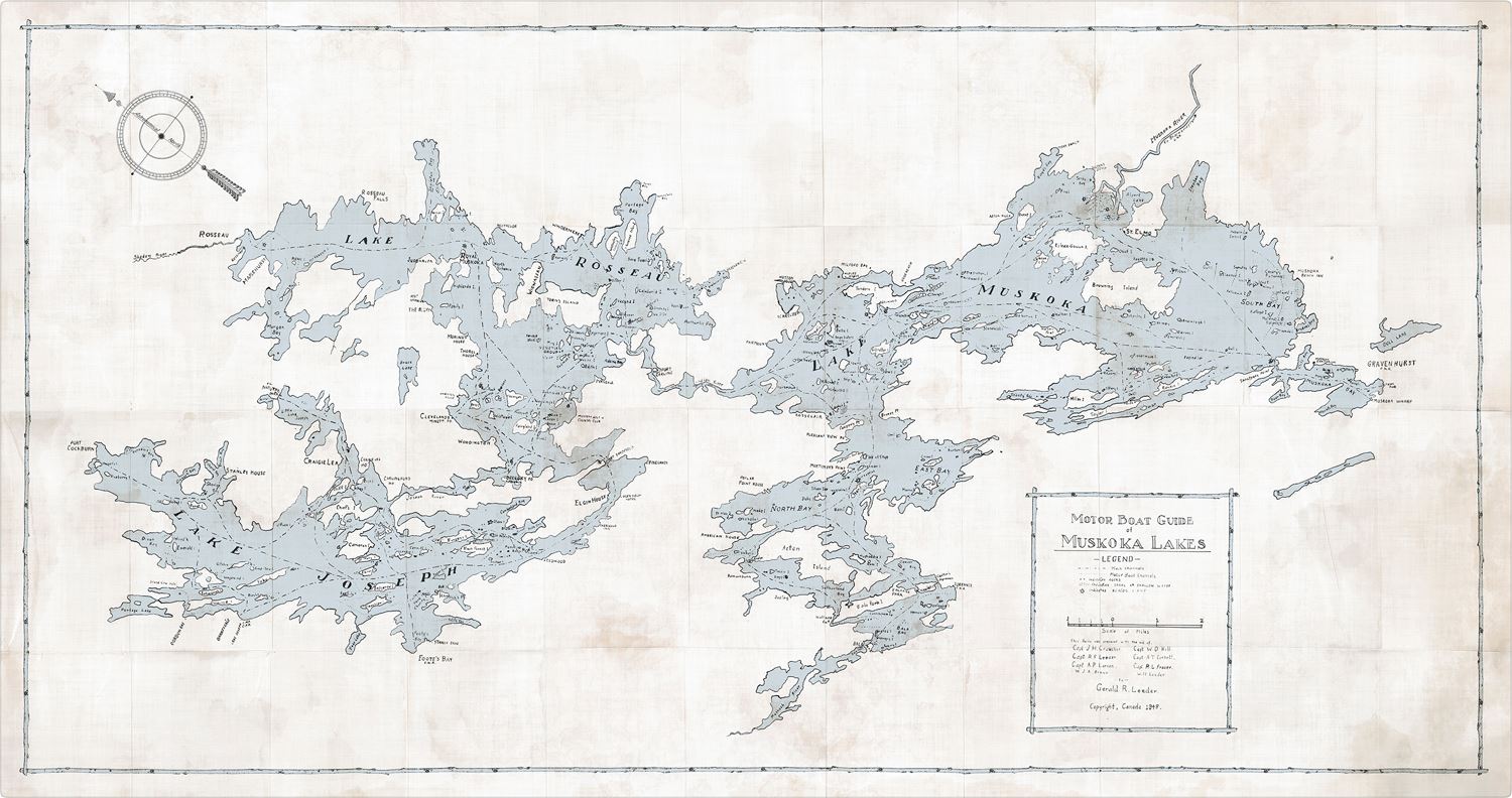 Map Motorboat Guide of Muskoka Lakes Unframed Canvas 68 x36