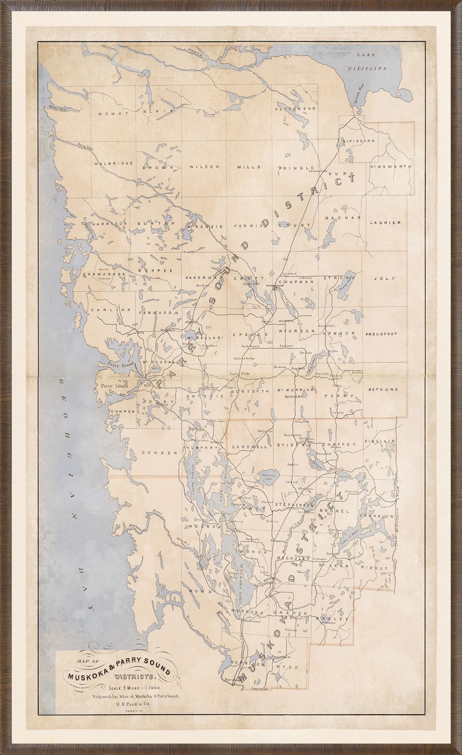 Map of Muskoka and Parry Sound District  framed with glass (1 in stock)
