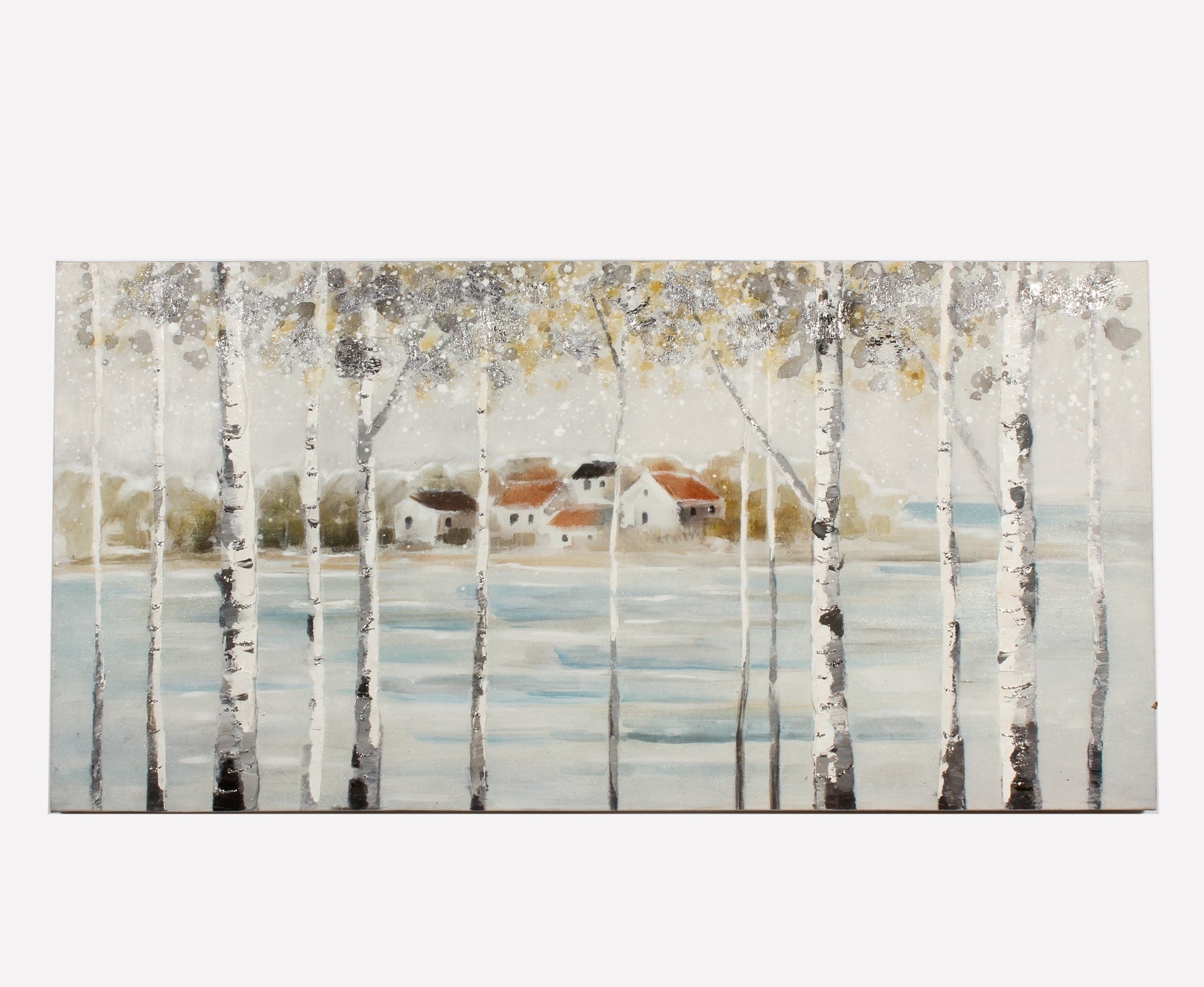 Art Hand Painted Canvas Village by the Forest and Lake (1 in stock)