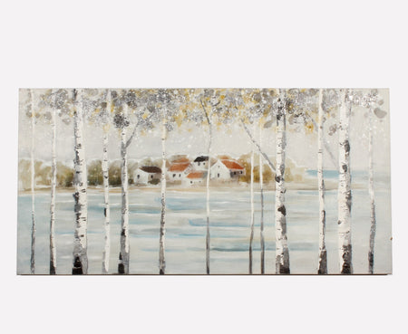 Art Hand Painted Canvas Village by the Forest and Lake (1 in stock)